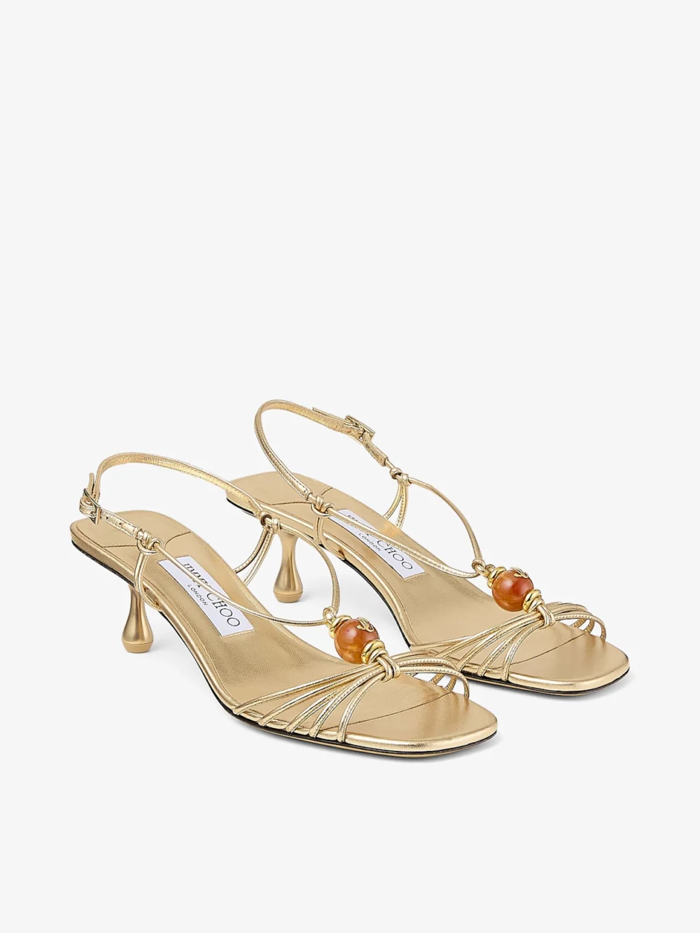 Close-up detail of the Jimmy Choo Lova 50 Gold Metallic Nappa Leather Sandals with Beads