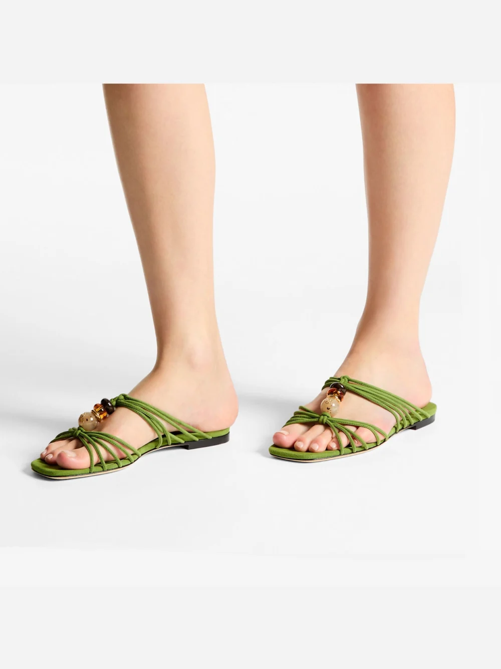 Side view of the Jimmy Choo Lova Mule Flat Clover Mix Suede Flats with Beads