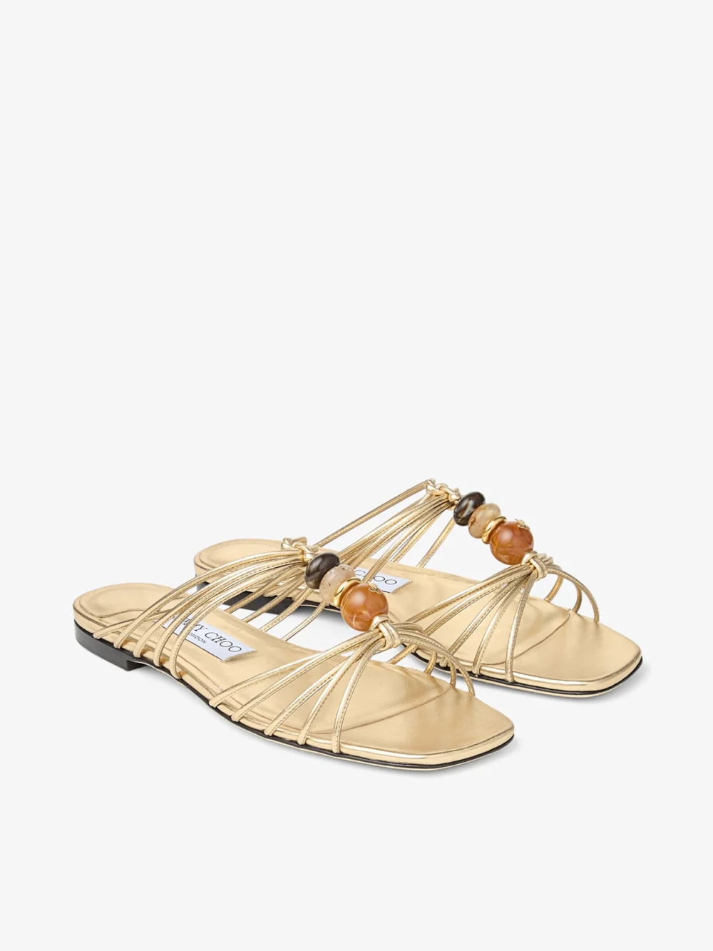 Close-up detail of the Jimmy Choo Lova Mule Flat Gold Mix Metallic Nappa Leather Flats with Beads