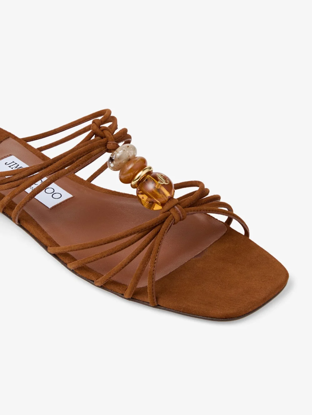 Back view of the Jimmy Choo Lova Mule Flat Tan Mix Suede Flats with Beads