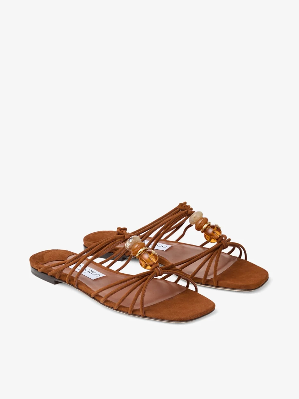 Close-up detail of the Jimmy Choo Lova Mule Flat Tan Mix Suede Flats with Beads