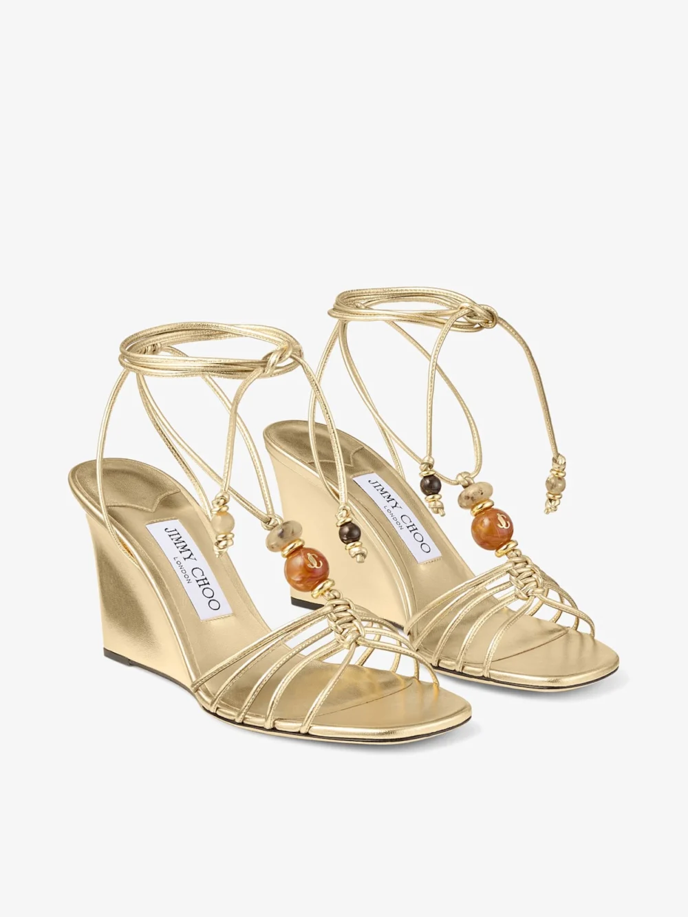 Close-up detail of the Jimmy Choo Lova Wedge 85 Gold Metallic Nappa Leather Wedges with Beads