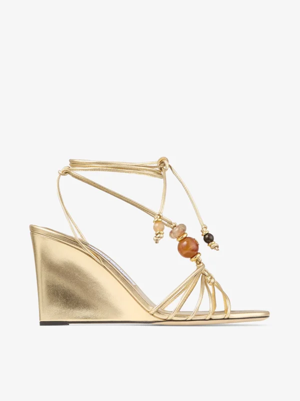 Jimmy Choo Lova Wedge 85 Gold Metallic Nappa Leather Wedges with Beads