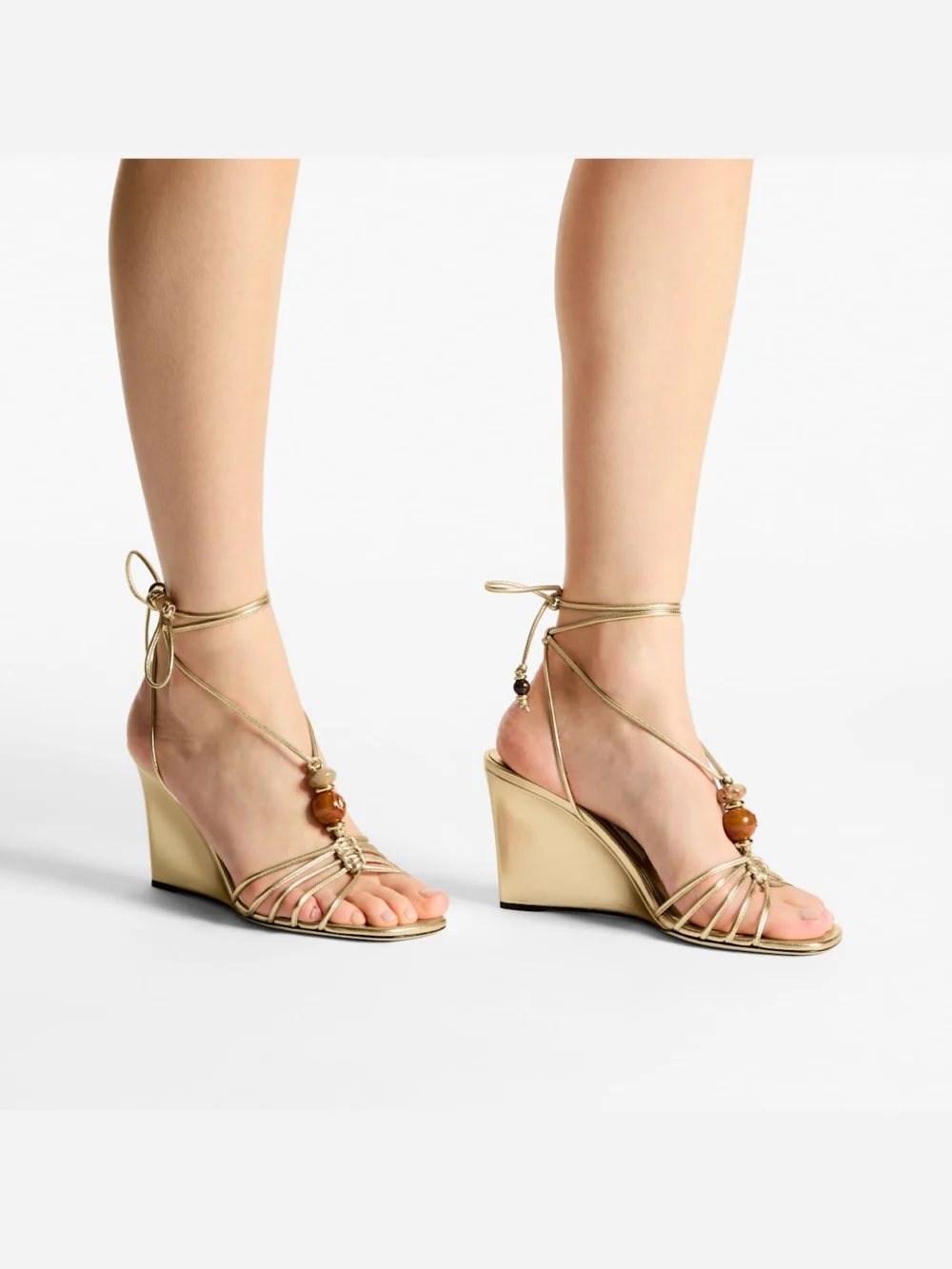 Side view of the Jimmy Choo Lova Wedge 85 Gold Metallic Nappa Leather Wedges with Beads