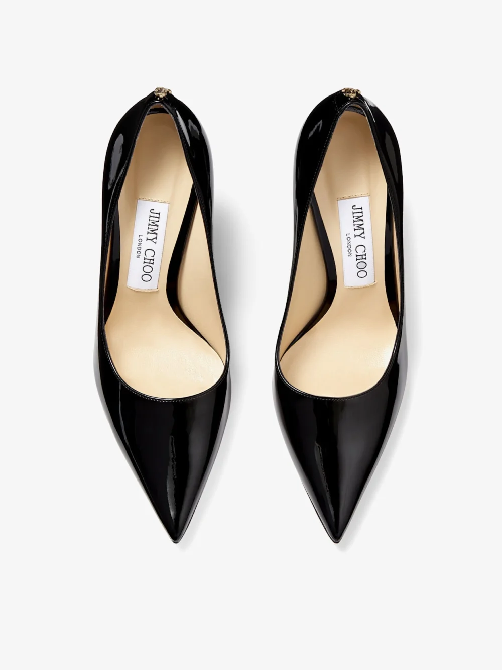 Back view of the Jimmy Choo Love 100 Black Patent Leather Pointed Toe Pumps with Jc Emblem