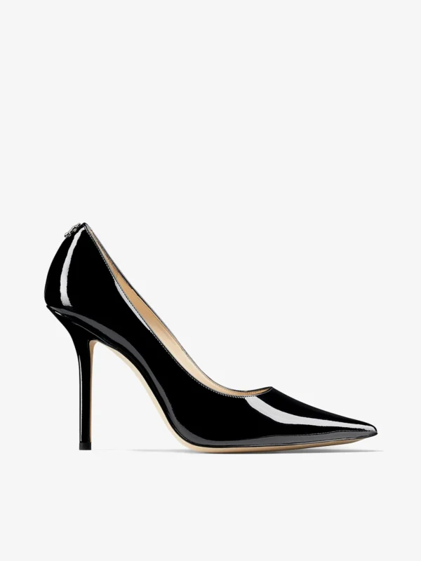 Jimmy Choo Love 100 Black Patent Leather Pointed Toe Pumps with Jc Emblem