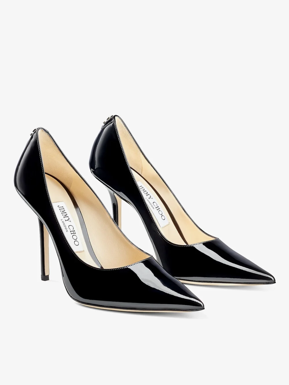 Side view of the Jimmy Choo Love 100 Black Patent Leather Pointed Toe Pumps with Jc Emblem