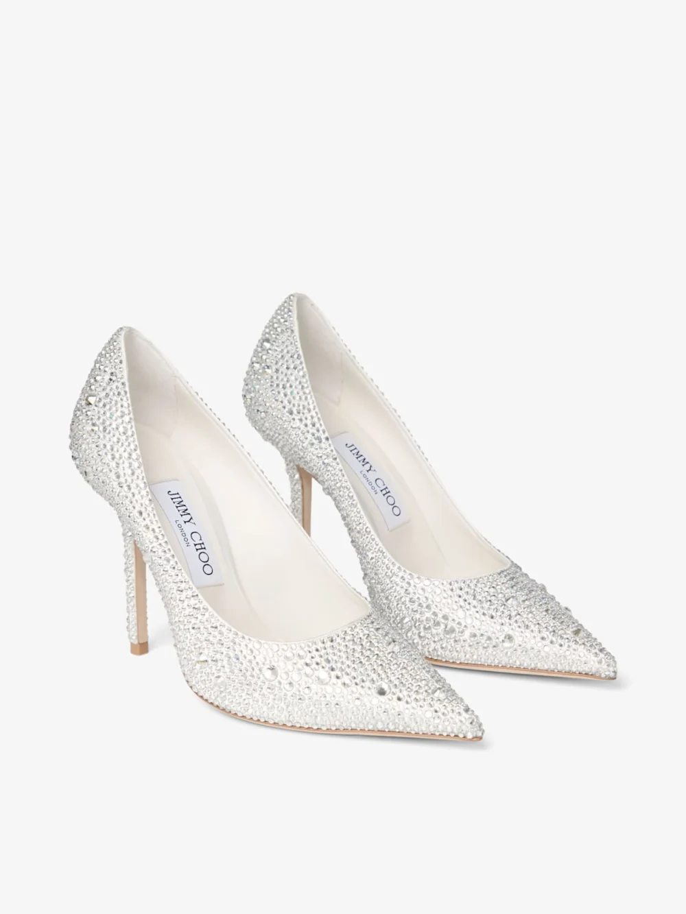 Close-up detail of the Jimmy Choo Love 100 Ivory Satin Pumps with Crystal Embellishment