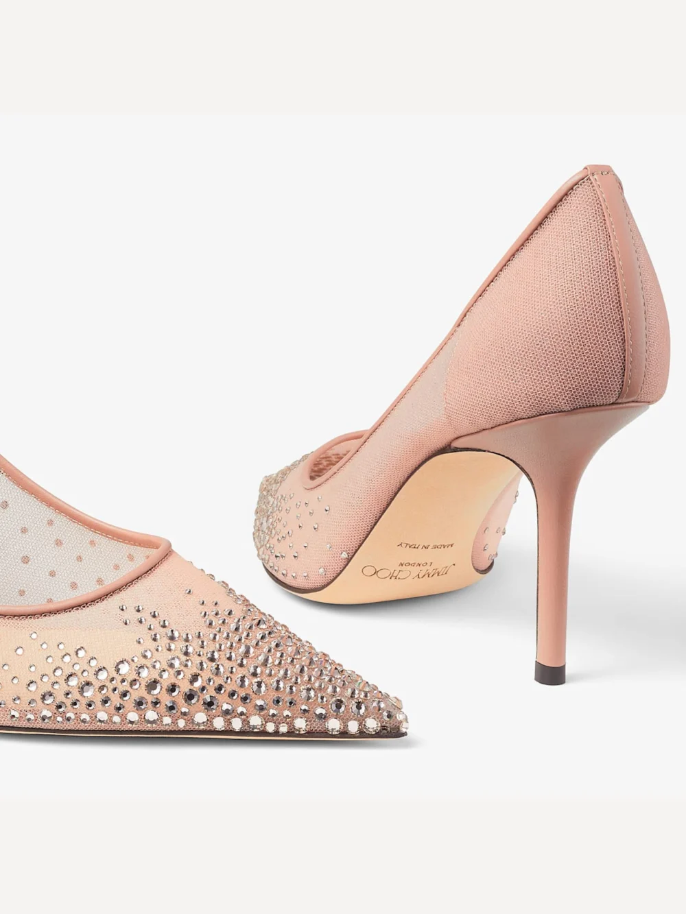 Back view of the Jimmy Choo Love 85 Ballet Pink Mesh Pointed Toe Pumps with Dégradé Crystals