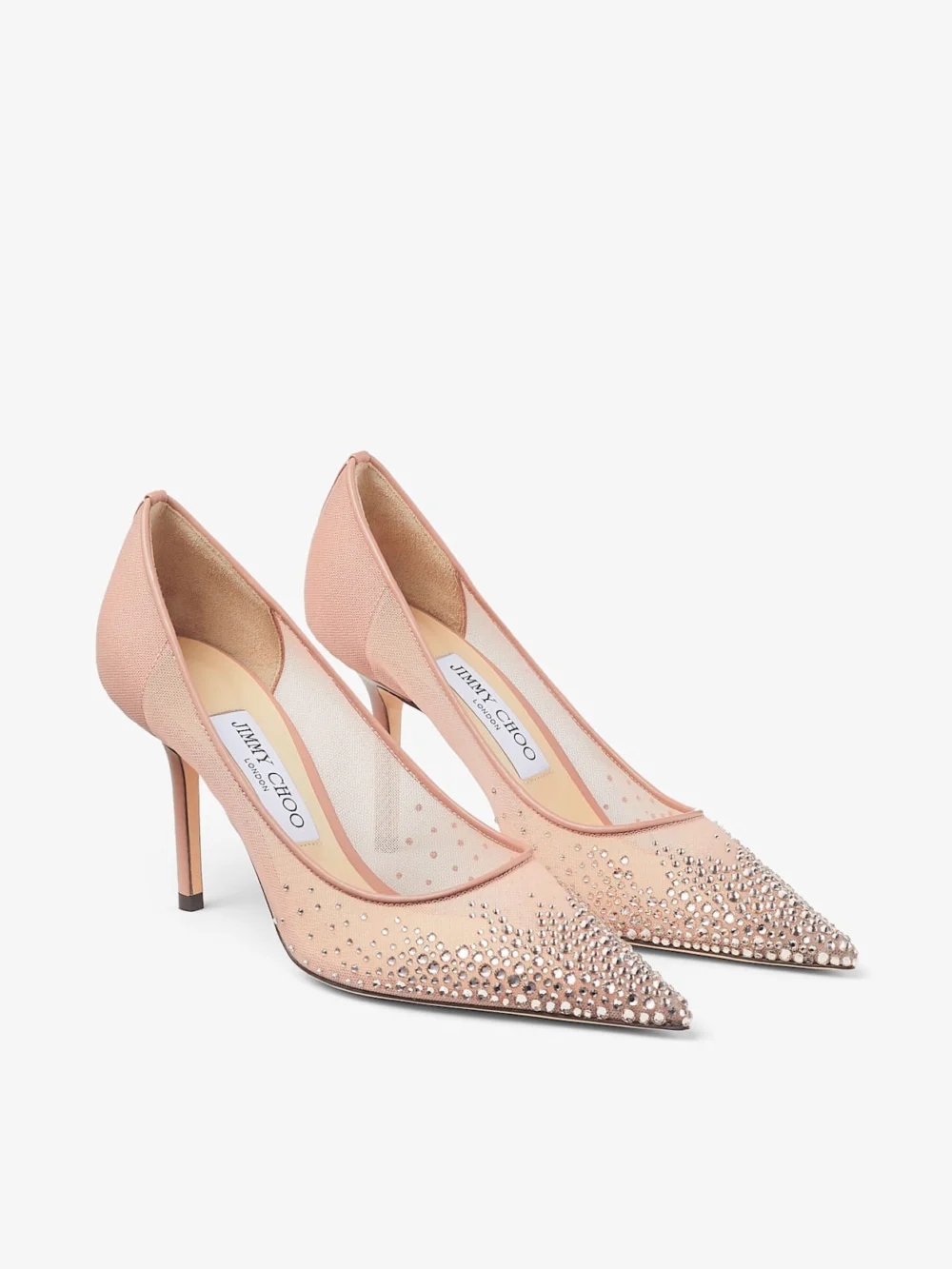 Close-up detail of the Jimmy Choo Love 85 Ballet Pink Mesh Pointed Toe Pumps with Dégradé Crystals