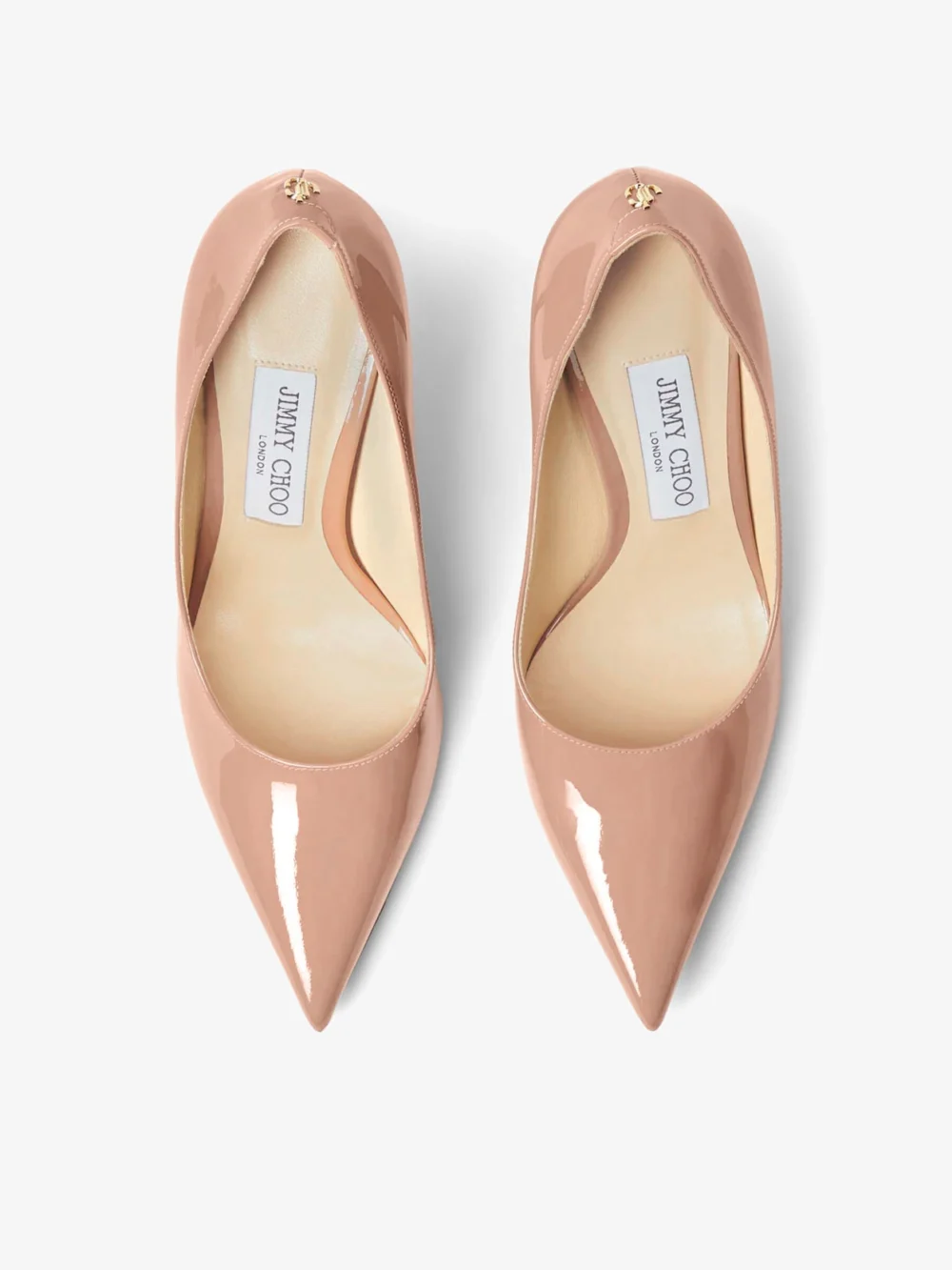 Back view of the Jimmy Choo Love 85 Ballet Pink Patent Leather Pointy Toe Pumpss with Jc Emblem