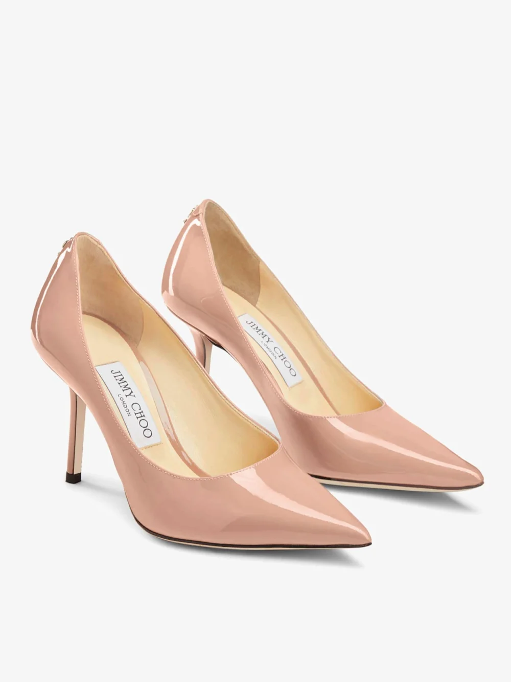 Side view of the Jimmy Choo Love 85 Ballet Pink Patent Leather Pointy Toe Pumpss with Jc Emblem
