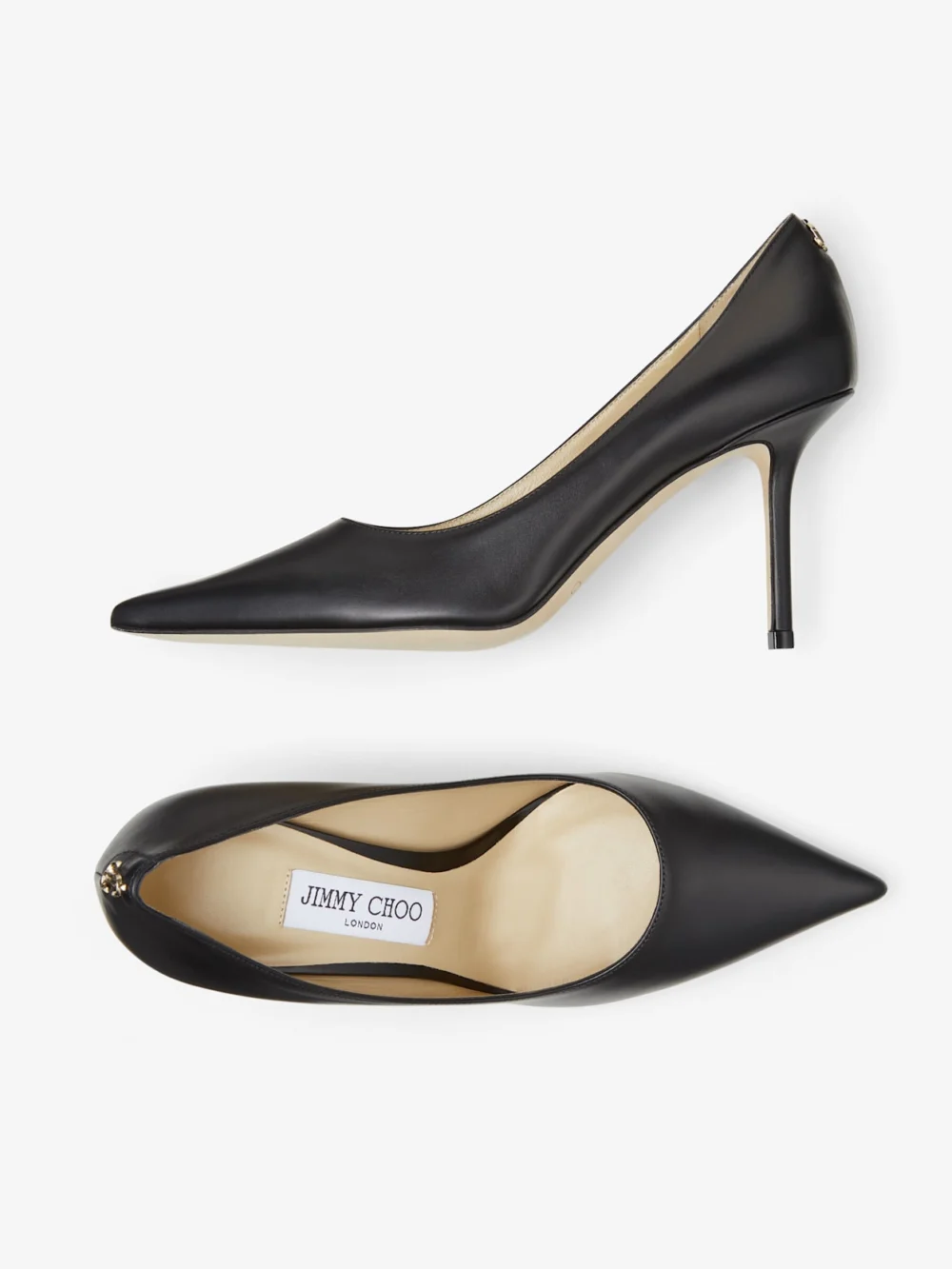Back view of the Jimmy Choo Love 85 Black Calf Leather Pumps with Jc Emblem