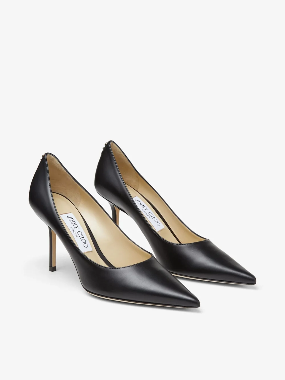 Side view of the Jimmy Choo Love 85 Black Calf Leather Pumps with Jc Emblem