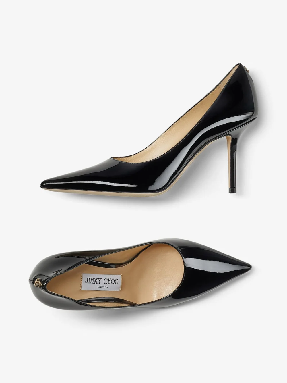 Back view of the Jimmy Choo Love 85 Black Patent Leather Pumps with Jc Emblem