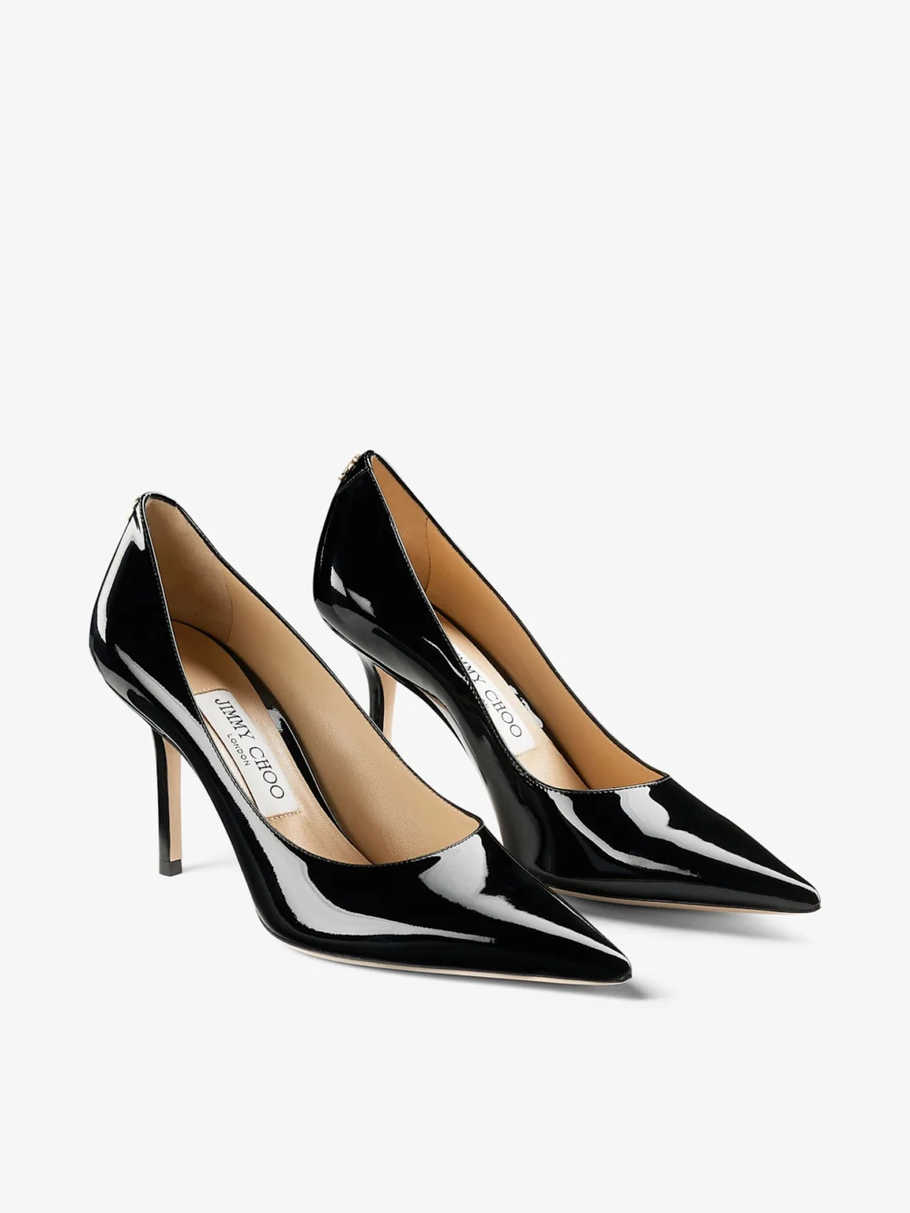 Side view of the Jimmy Choo Love 85 Black Patent Leather Pumps with Jc Emblem