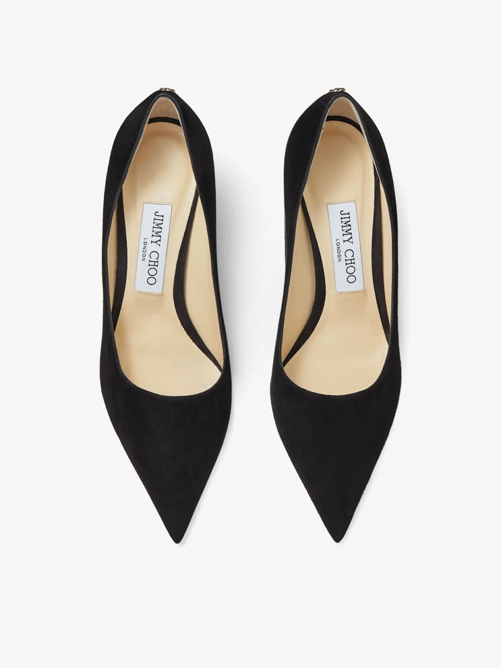 Back view of the Jimmy Choo Love 85 Black Suede Pointed Pumps with Jc Emblem