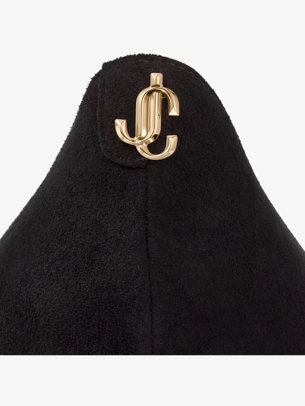 Close-up detail of the Jimmy Choo Love 85 Black Suede Pointed Pumps with Jc Emblem