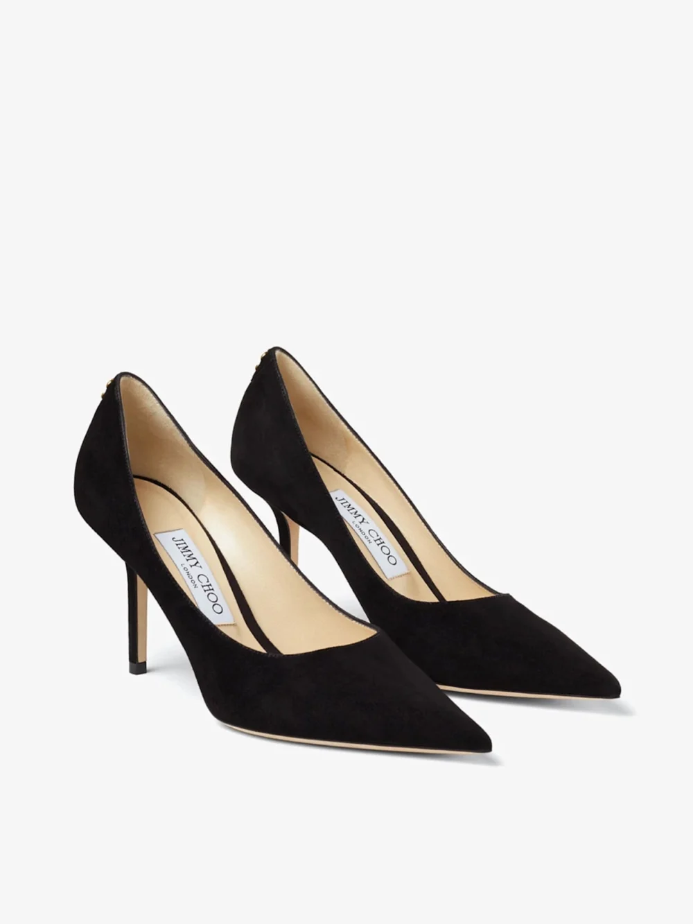 Side view of the Jimmy Choo Love 85 Black Suede Pointed Pumps with Jc Emblem