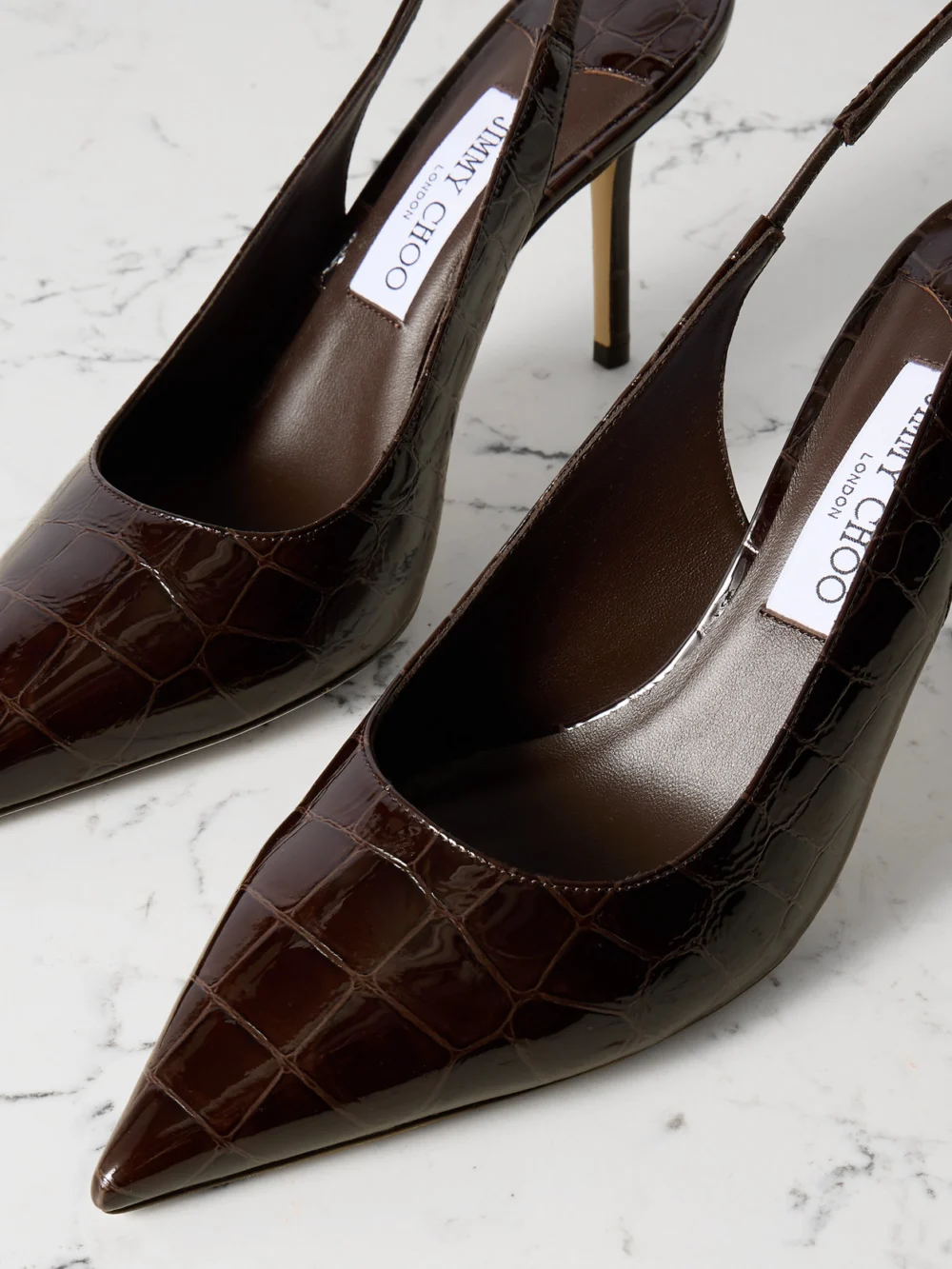 Close-up detail of the Jimmy Choo Love 85 Croc-effect Leather Slingback Pumps