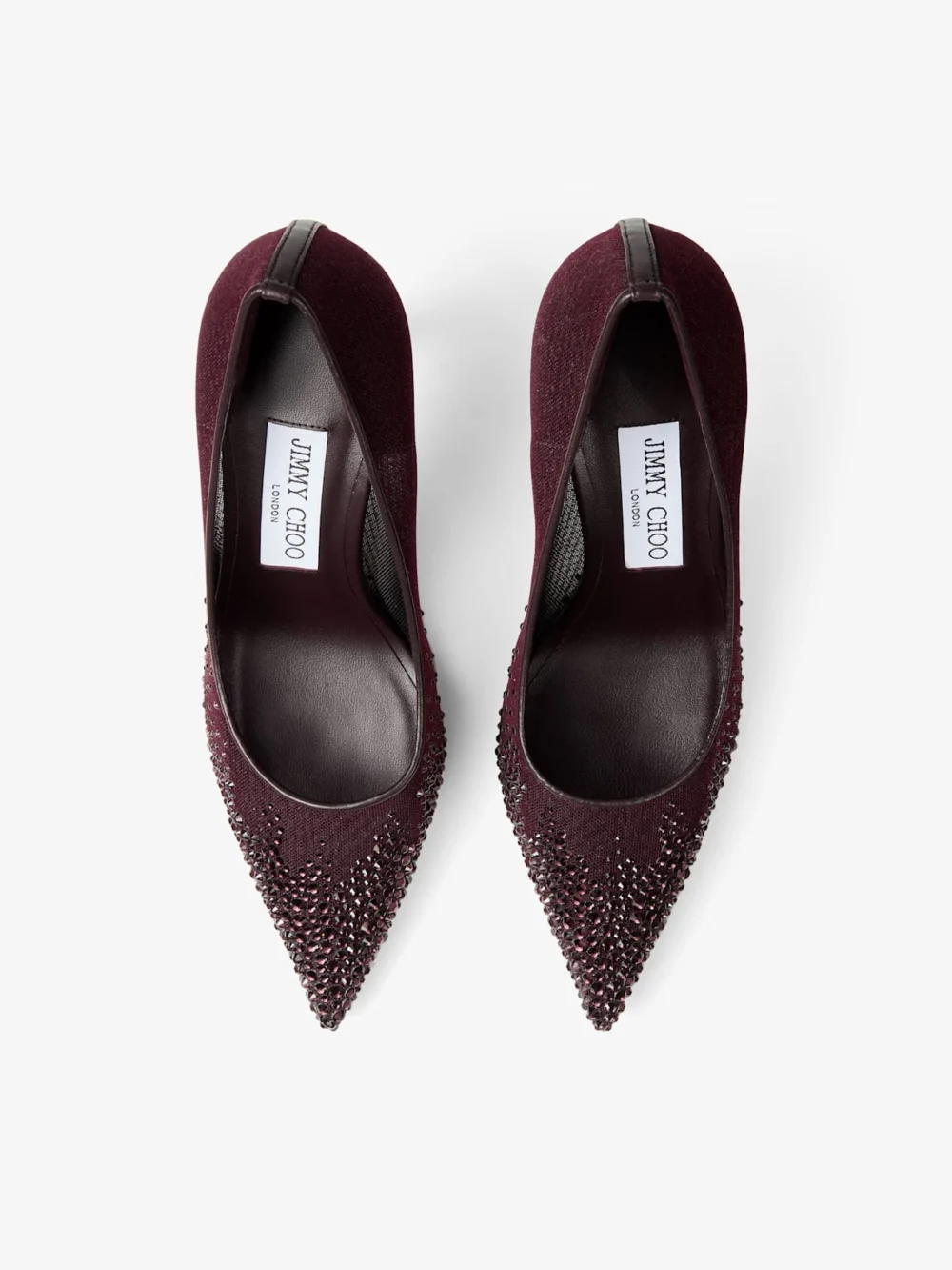 Back view of the Jimmy Choo Love 85 Deep Merlot Mesh Pumps with Galaxy Crystal