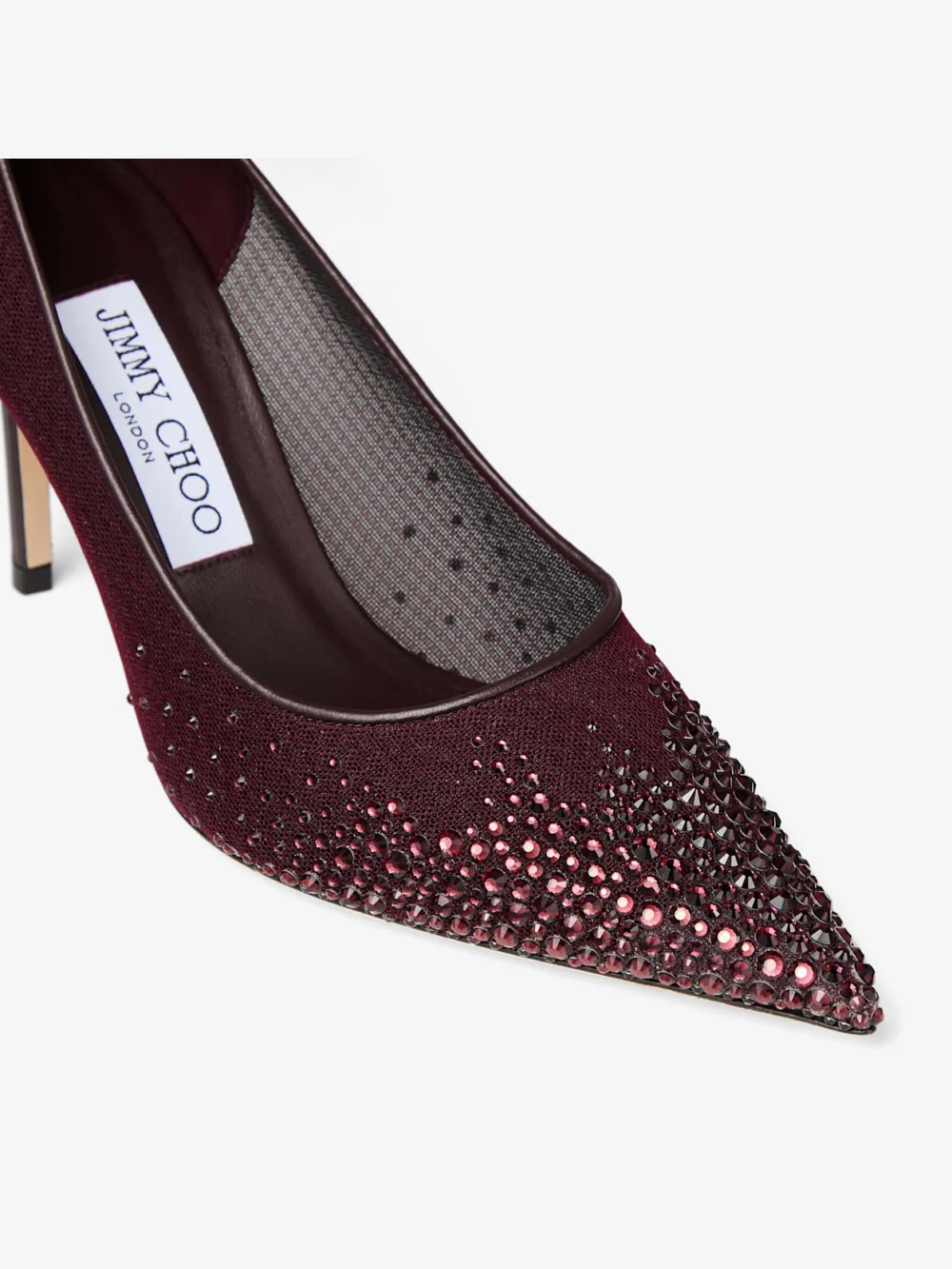 Close-up detail of the Jimmy Choo Love 85 Deep Merlot Mesh Pumps with Galaxy Crystal