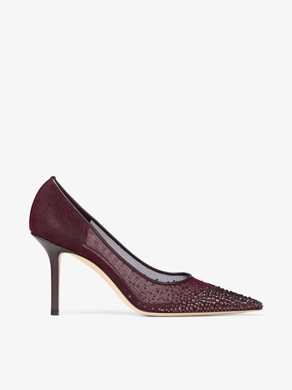 Jimmy Choo Love 85 Deep Merlot Mesh Pumps with Galaxy Crystal in deep merlot