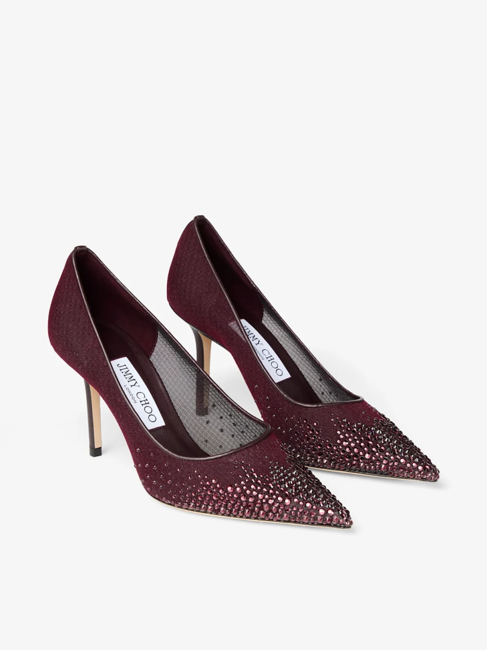 Side view of the Jimmy Choo Love 85 Deep Merlot Mesh Pumps with Galaxy Crystal