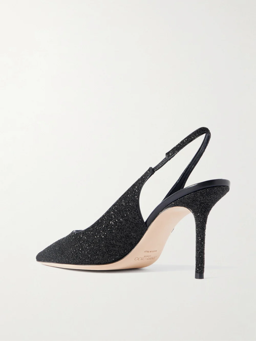 Back view of the Jimmy Choo Love 85 Glittered Leather Slingback Pumps