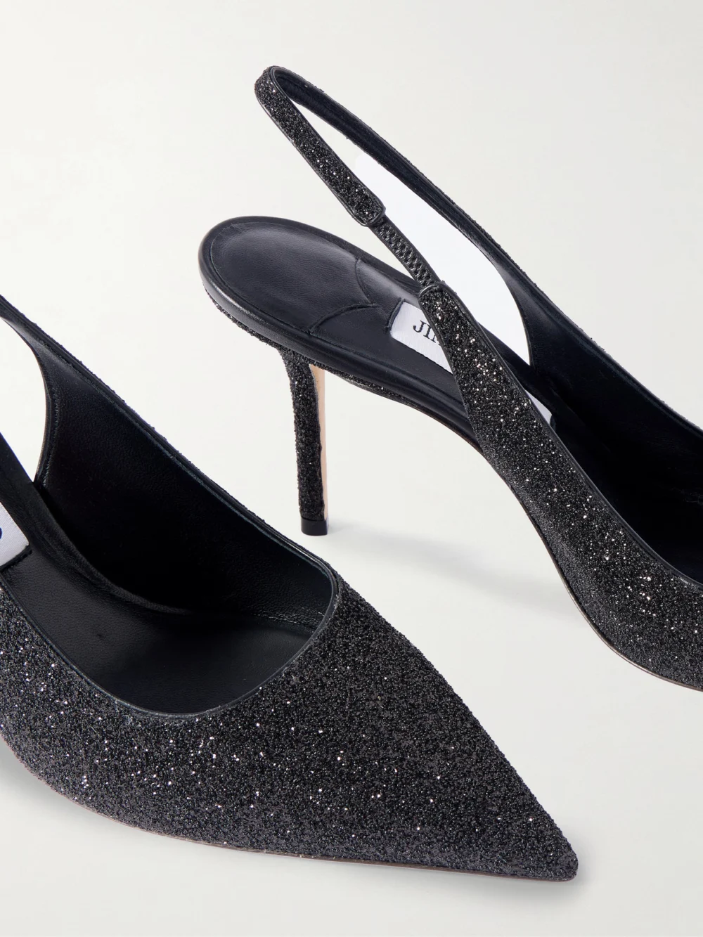 Close-up detail of the Jimmy Choo Love 85 Glittered Leather Slingback Pumps