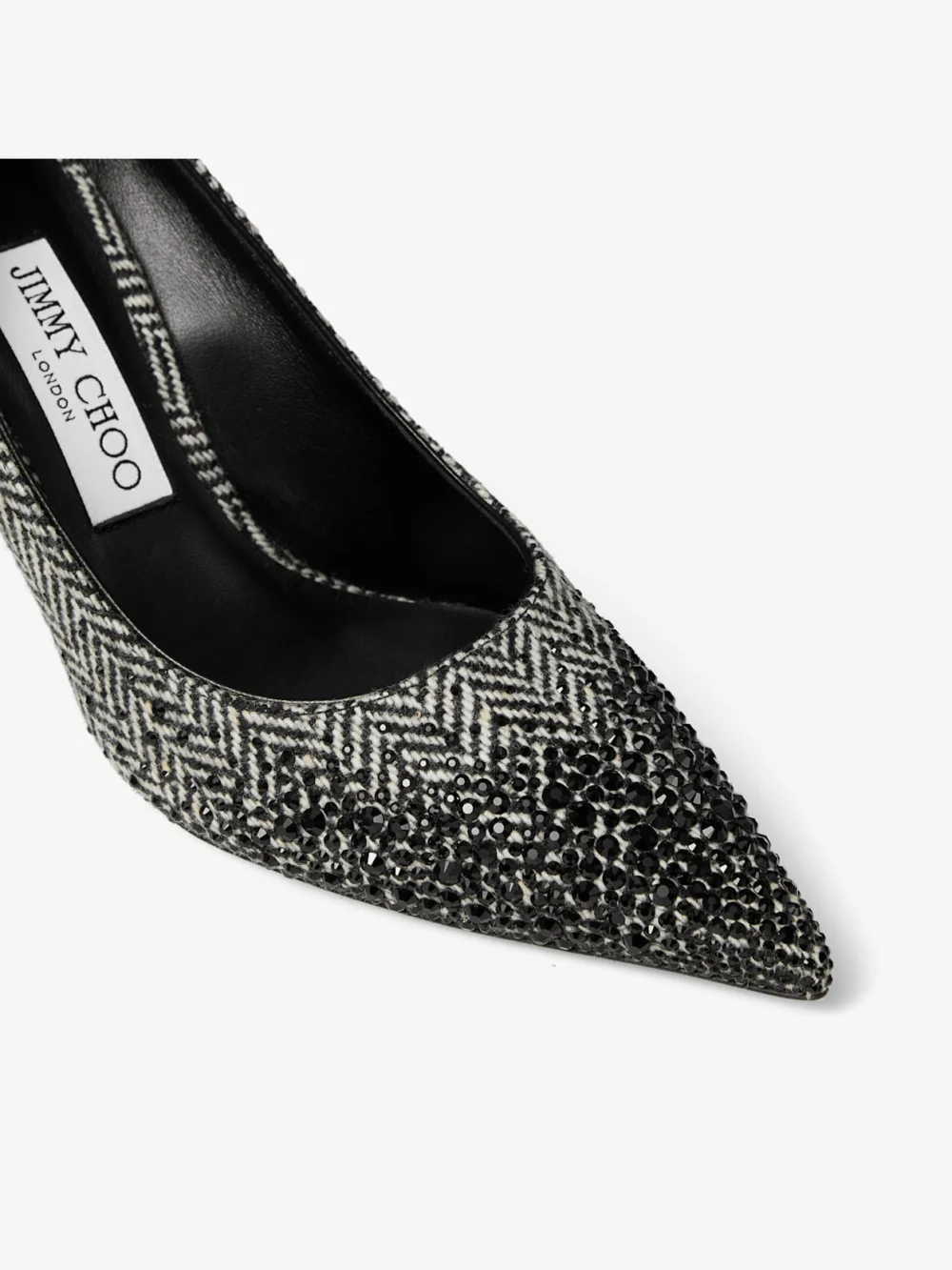 Back view of the Jimmy Choo Love 85 Grey and Black Mix Herringbone Fabric Pumps with Dégradé Crystal Embellishment