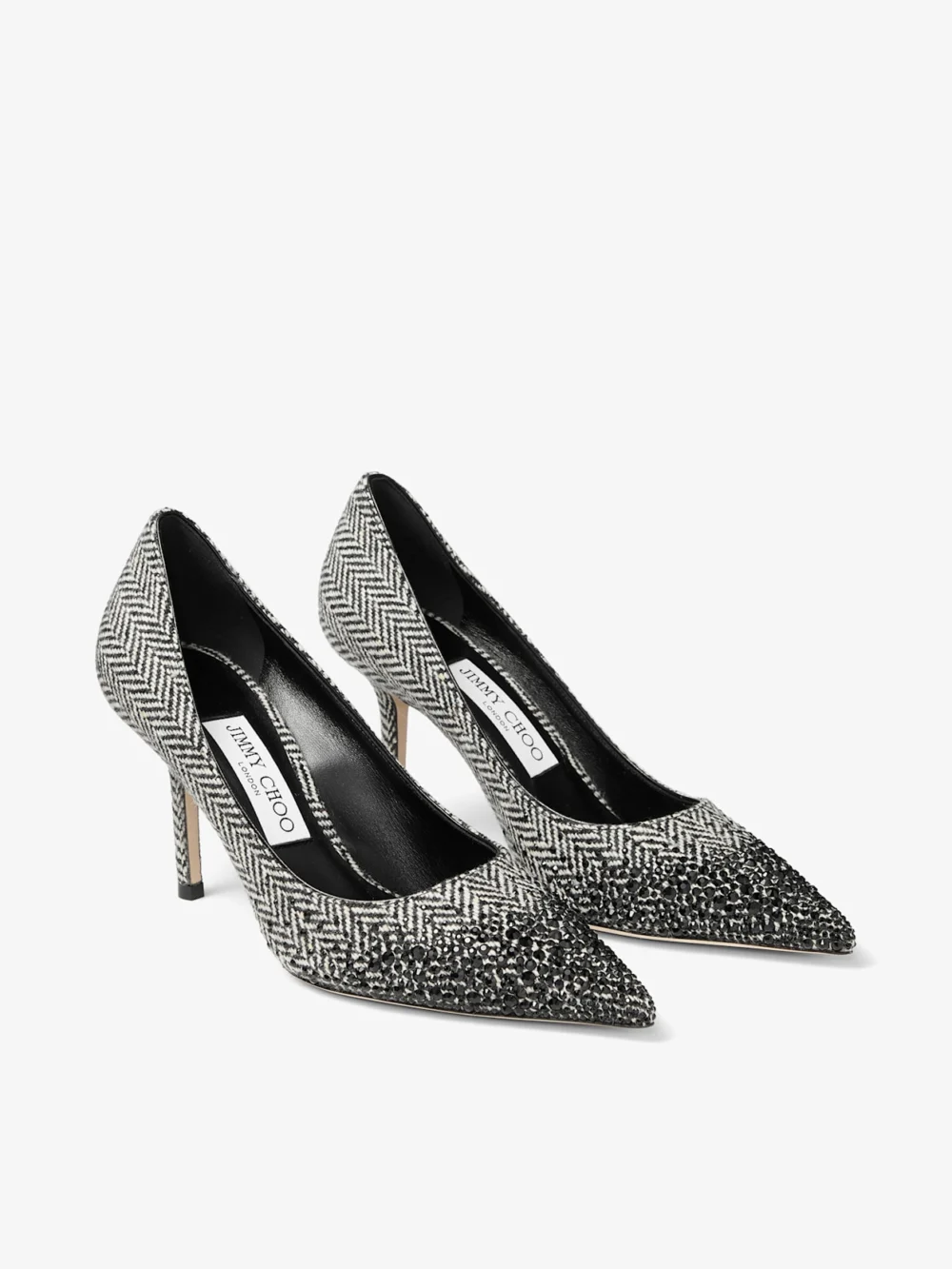 Close-up detail of the Jimmy Choo Love 85 Grey and Black Mix Herringbone Fabric Pumps with Dégradé Crystal Embellishment