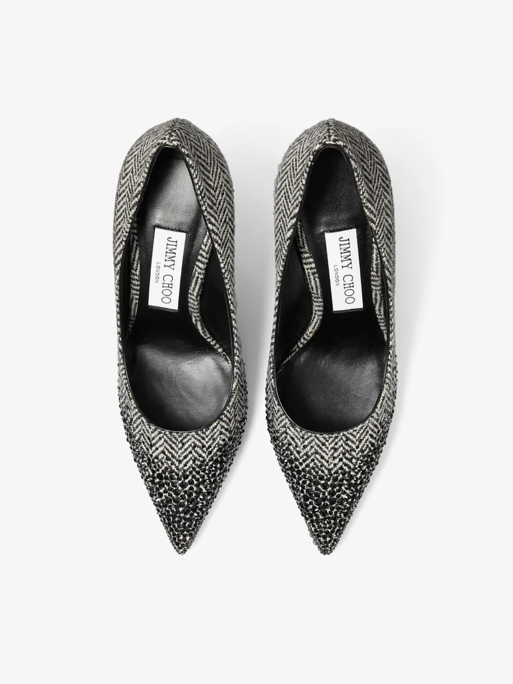 Jimmy Choo Love 85 Grey and Black Mix Herringbone Fabric Pumps with Dégradé Crystal Embellishment, another view