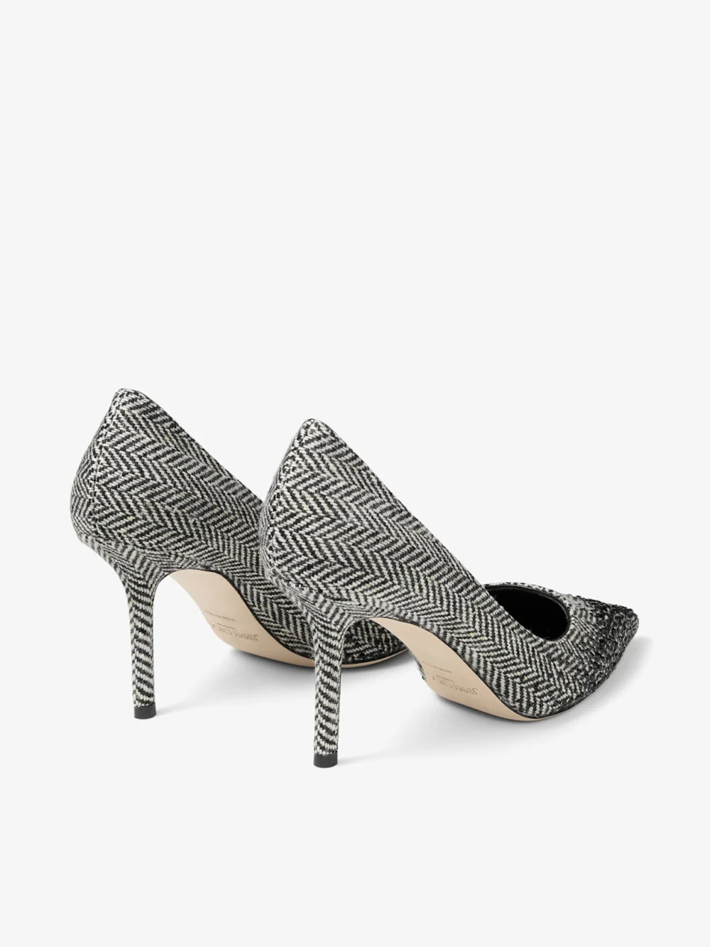 Jimmy Choo Love 85 Grey and Black Mix Herringbone Fabric Pumps with Dégradé Crystal Embellishment, another view