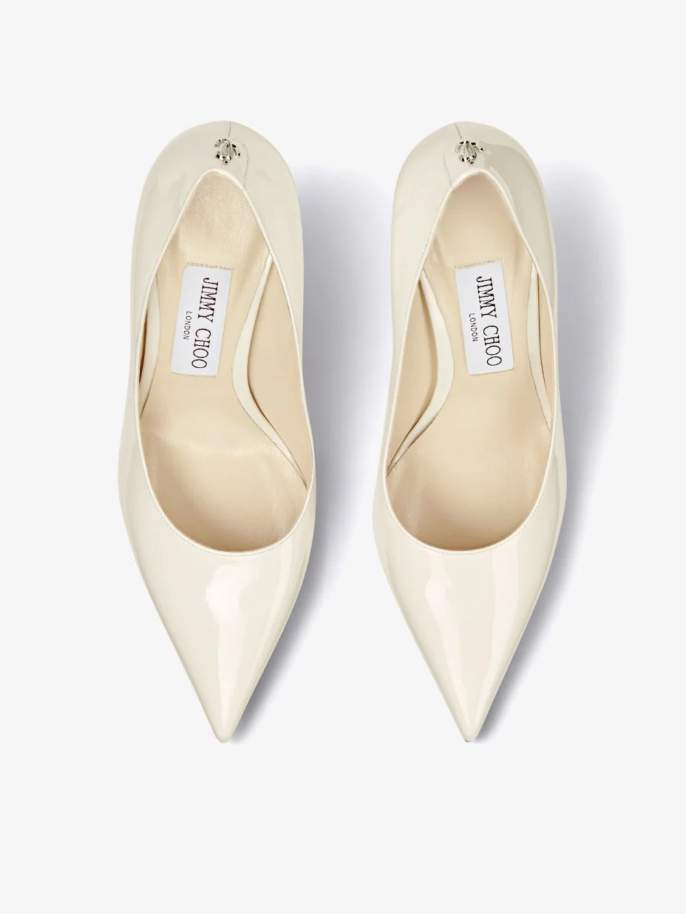 Back view of the Jimmy Choo Love 85 Latte Patent Leather Pumps with Jc Emblem