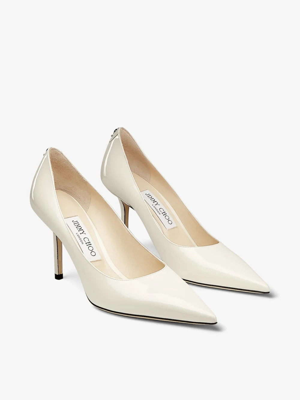 Side view of the Jimmy Choo Love 85 Latte Patent Leather Pumps with Jc Emblem