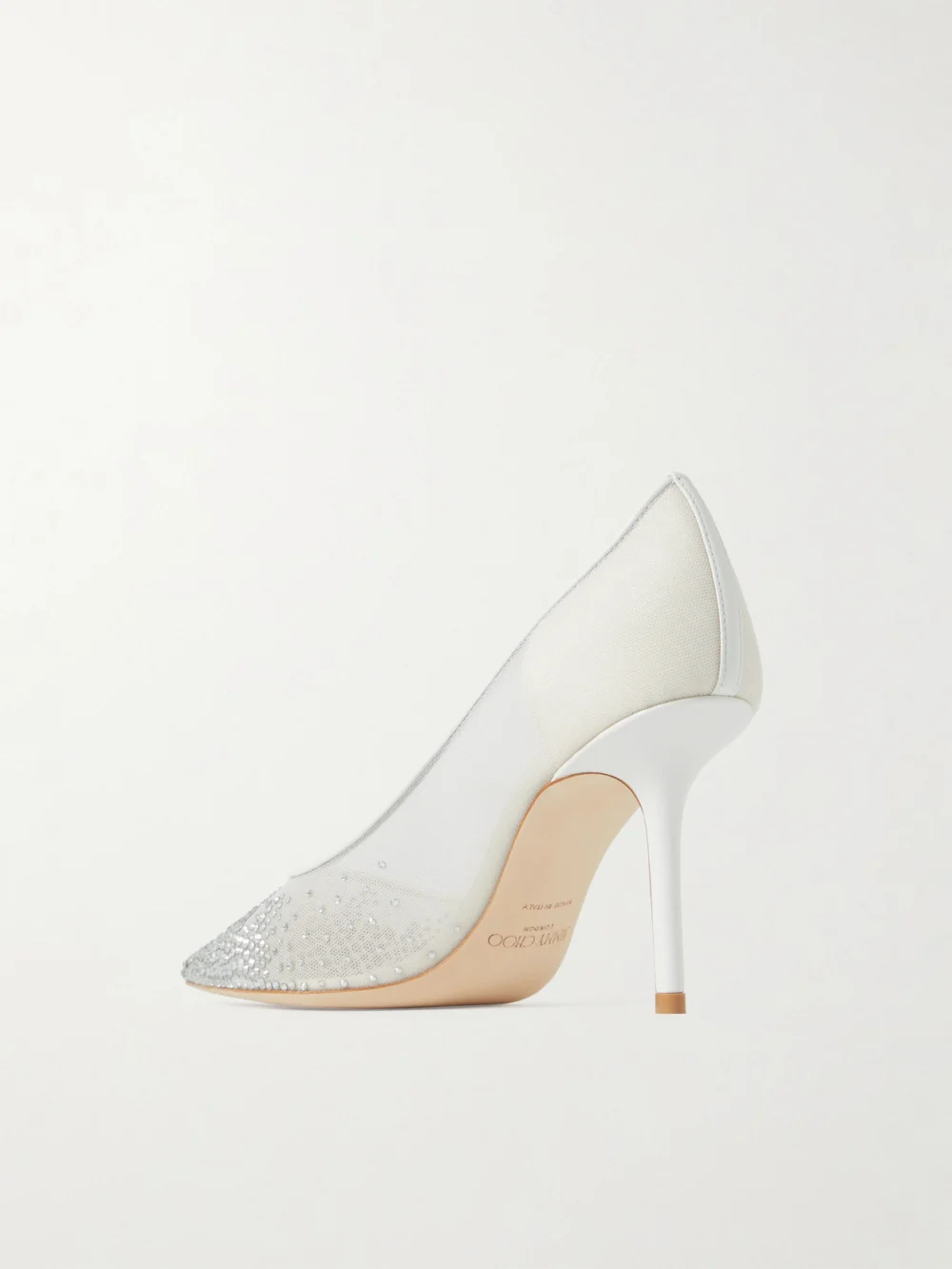 Back view of the Jimmy Choo Love 85 Leather-trimmed Crystal-embellished Mesh Pumps