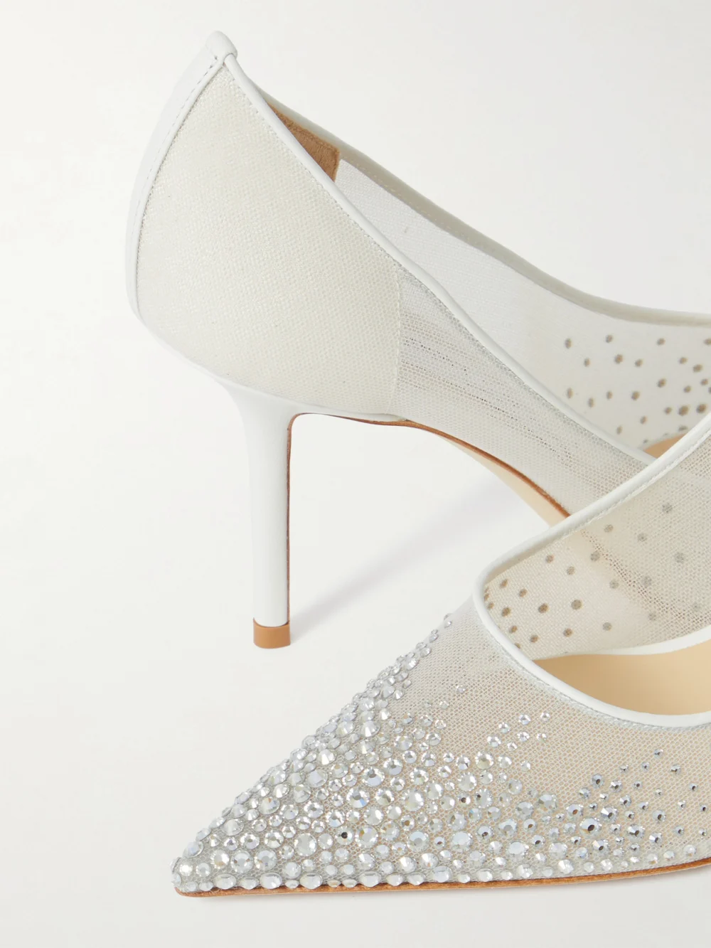 Close-up detail of the Jimmy Choo Love 85 Leather-trimmed Crystal-embellished Mesh Pumps