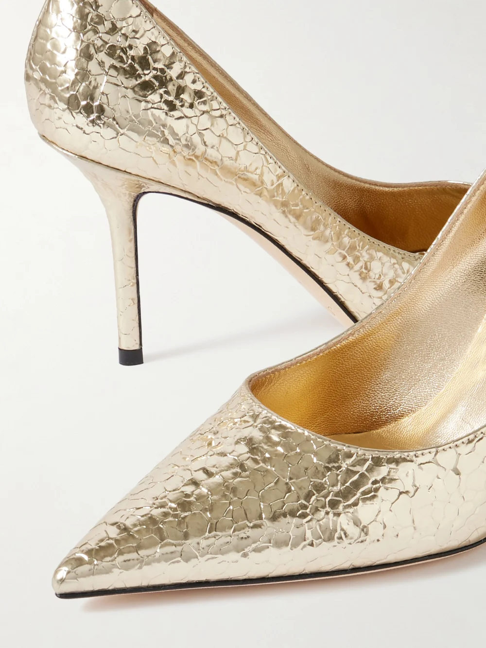 Close-up detail of the Jimmy Choo Love 85 Metallic Cracked-leather Pumps