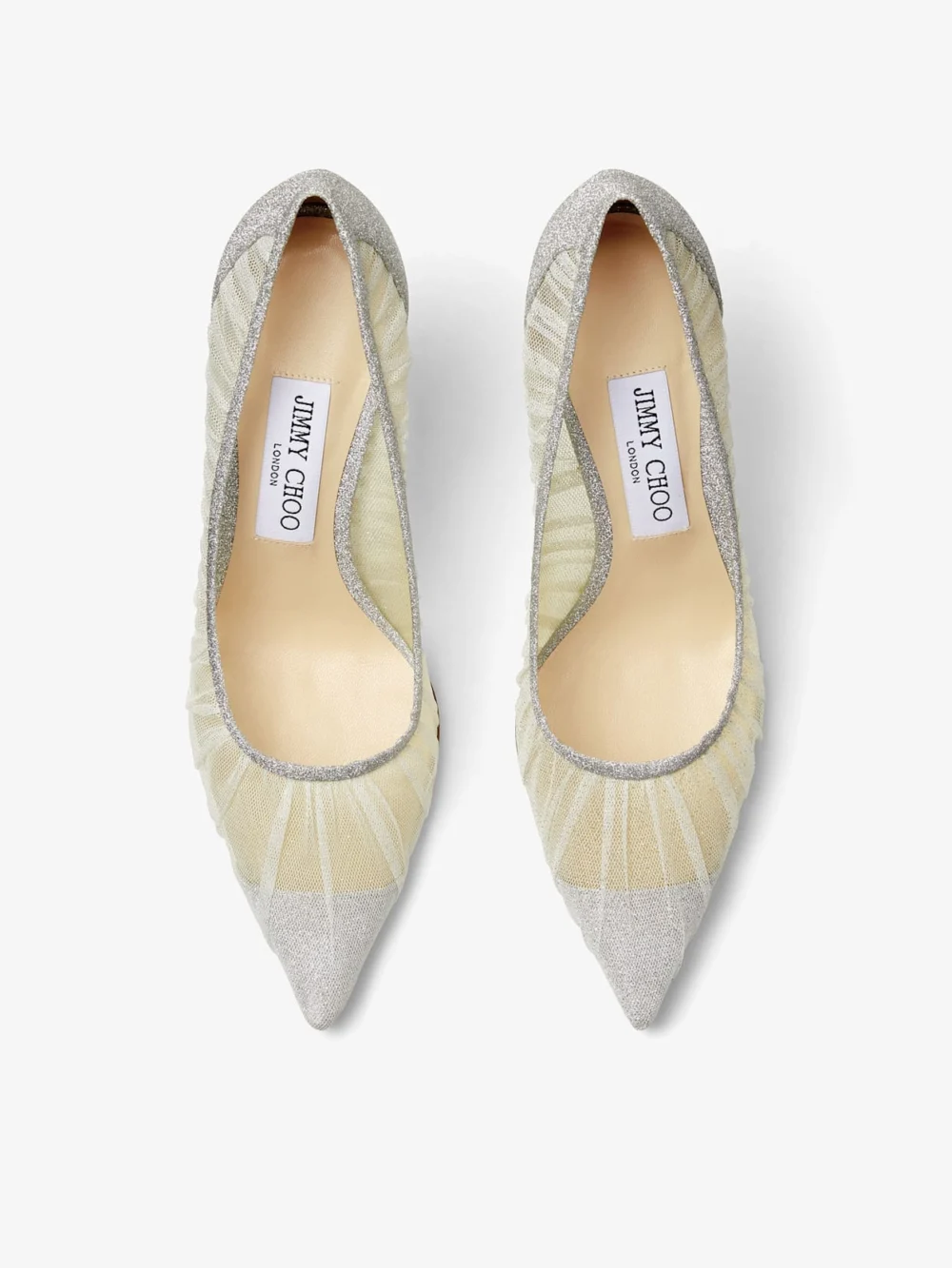 Back view of the Jimmy Choo Love 85 Metallic Silver Glitter Fabric Pumps with Ivory Tulle Overlay