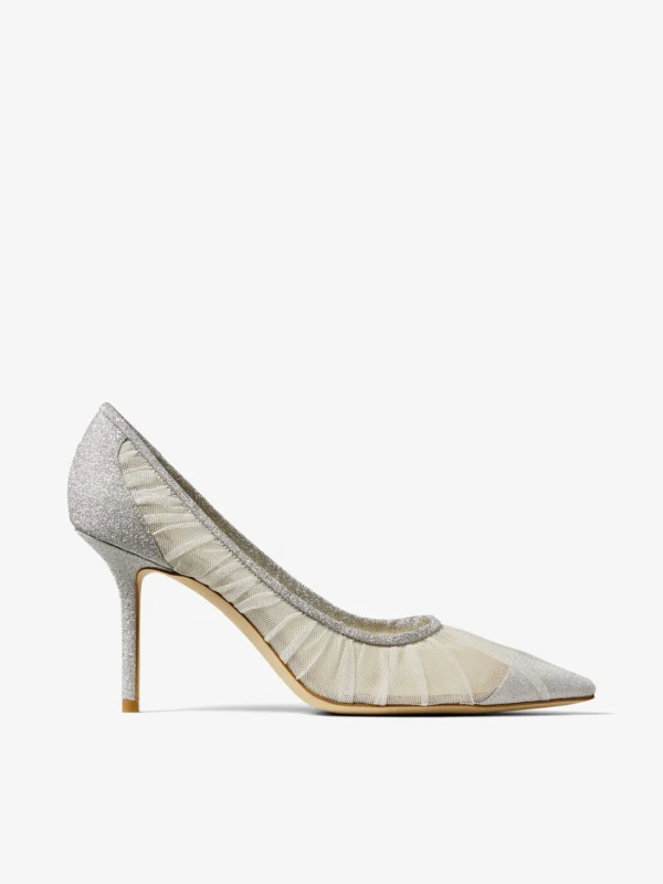 Jimmy Choo Love 85 Metallic Silver Glitter Fabric Pumps with Ivory Tulle Overlay