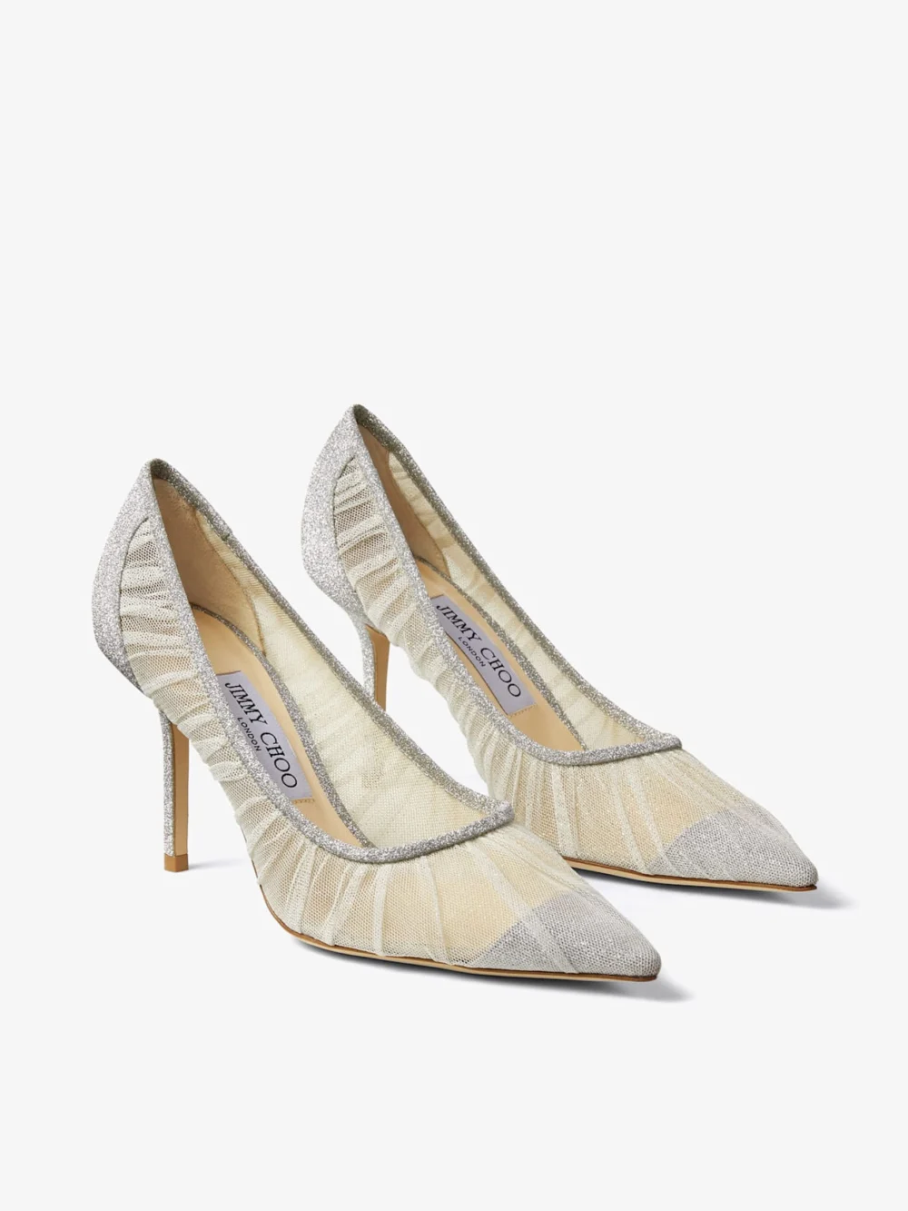Side view of the Jimmy Choo Love 85 Metallic Silver Glitter Fabric Pumps with Ivory Tulle Overlay
