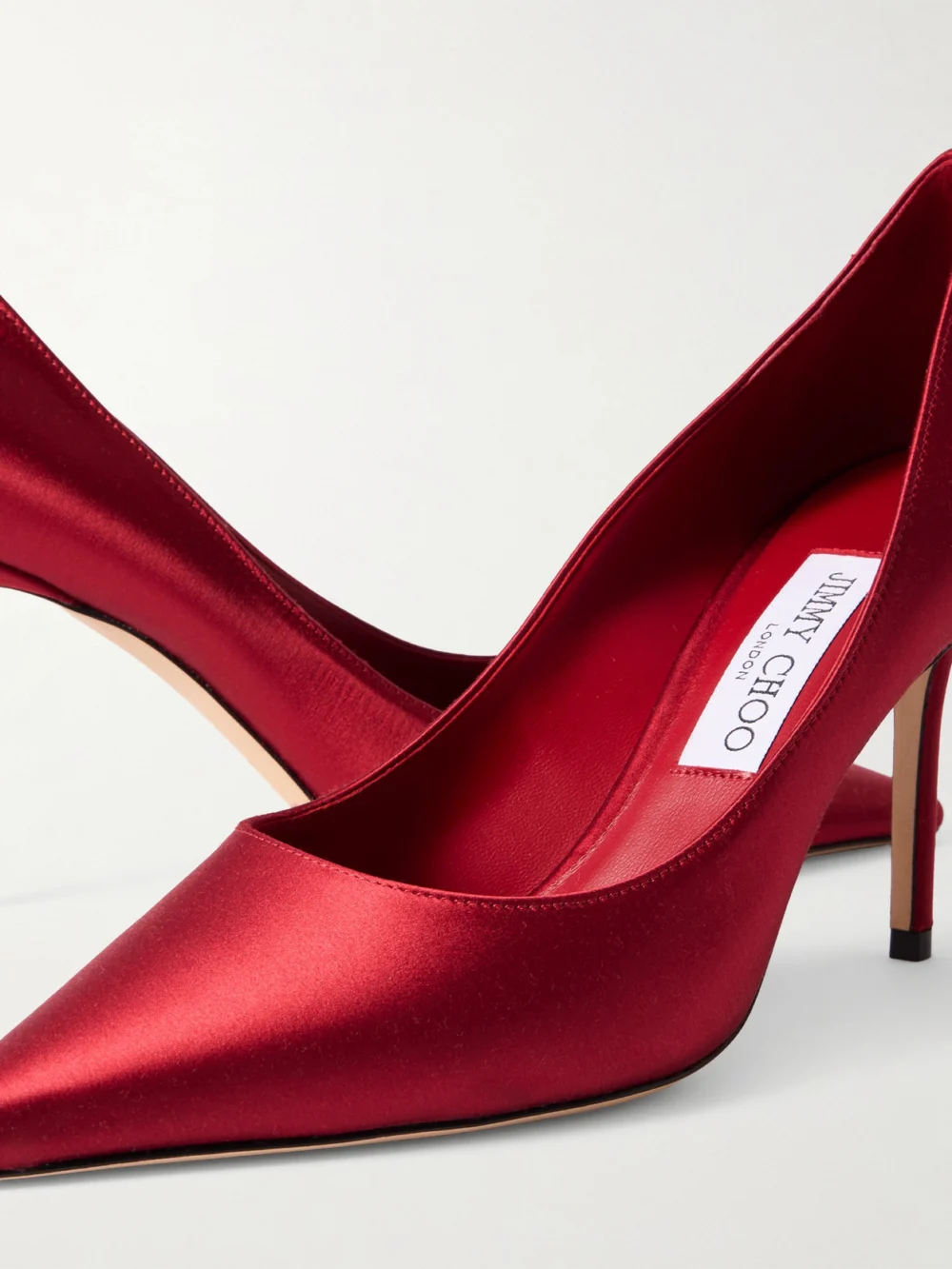 Close-up detail of the Jimmy Choo Love 85 Satin Pumps