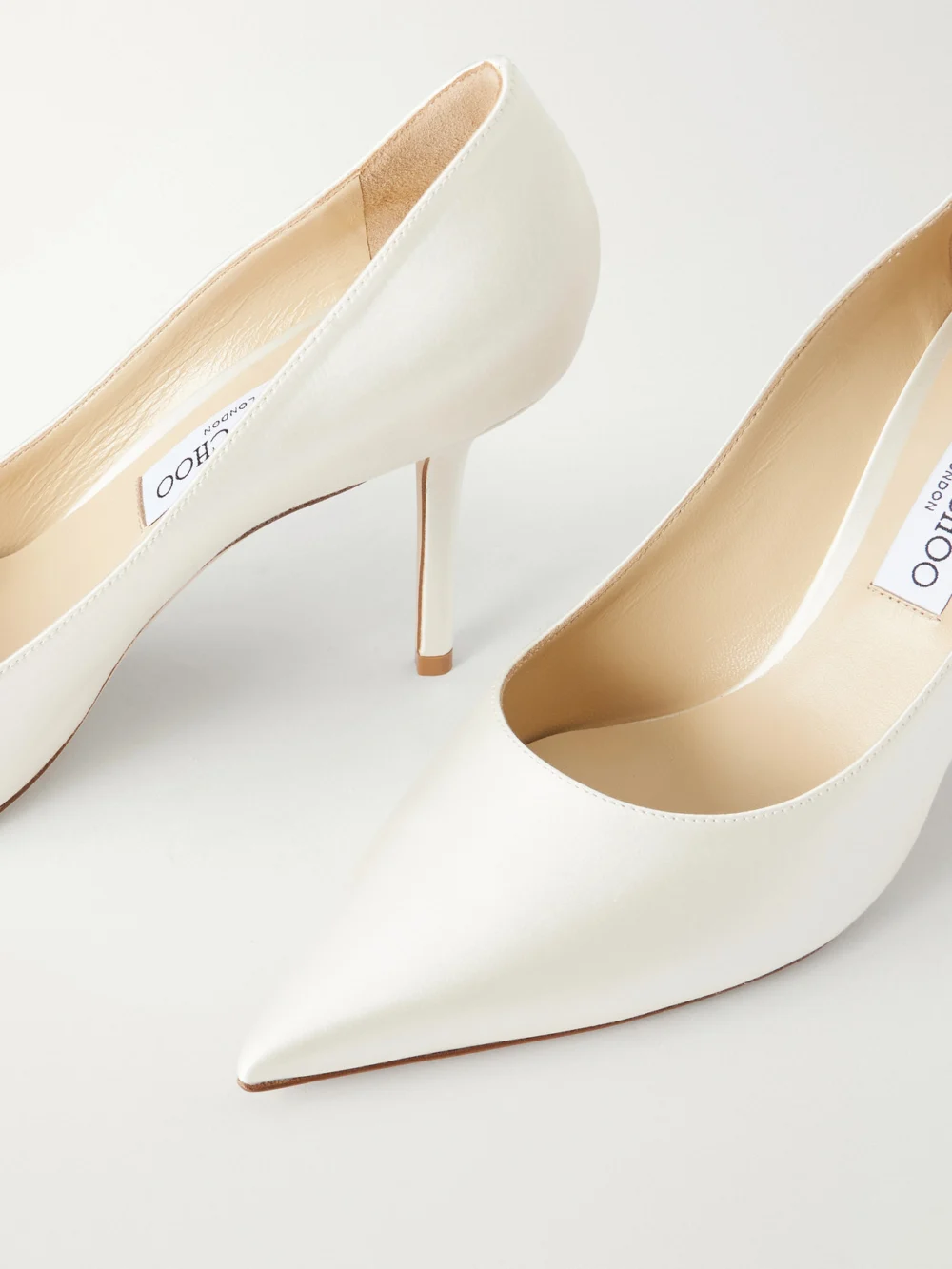 Close-up detail of the Jimmy Choo Love 85 Satin Pumps