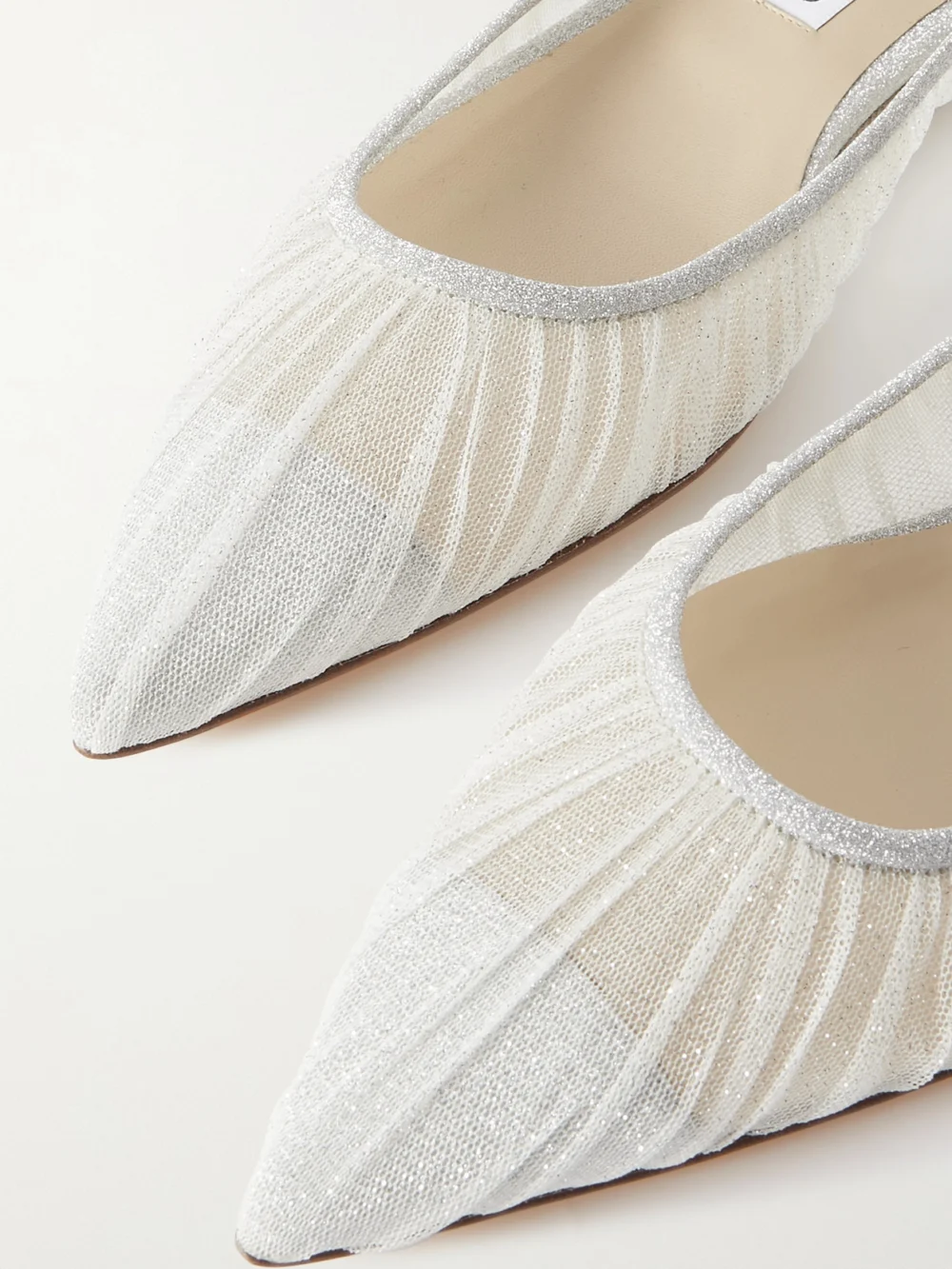 Close-up detail of the Jimmy Choo Love Glittered Tulle and Canvas Point-toe Flats