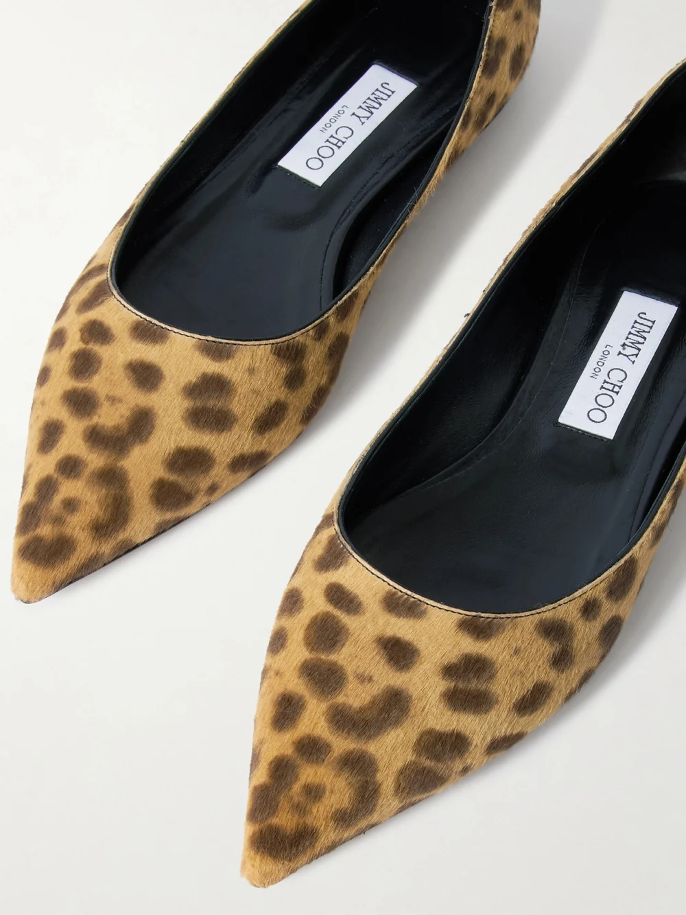 Close-up detail of the Jimmy Choo Love Leopard-print Pony Hair Ballet Flats