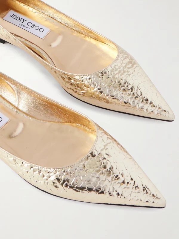 Close-up detail of the Jimmy Choo Love Metallic Cracked-leather Ballet Flats