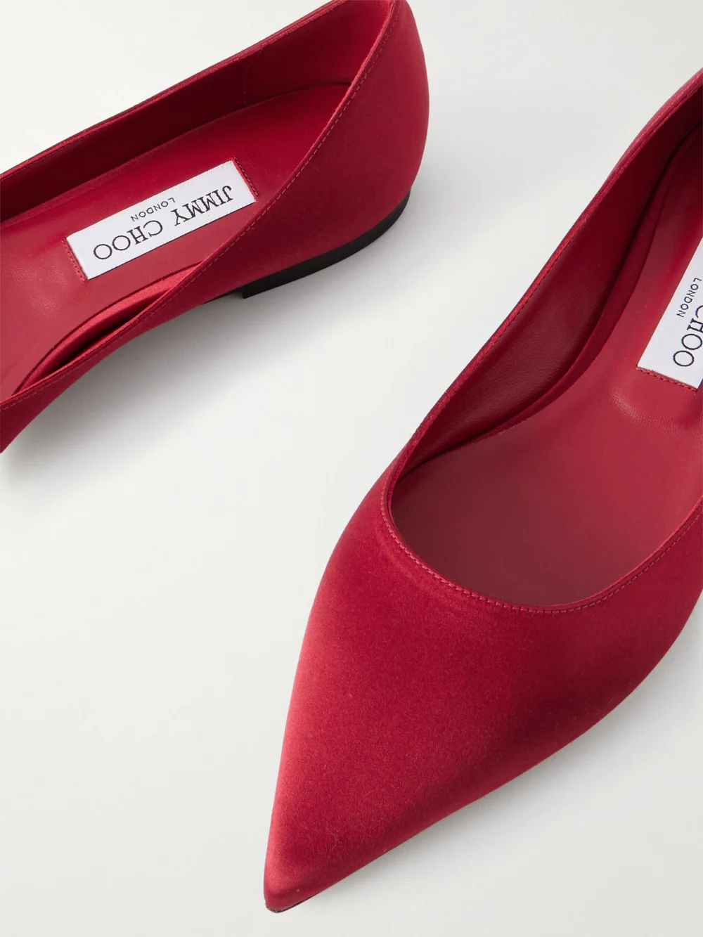 Close-up detail of the Jimmy Choo Love Satin Flats