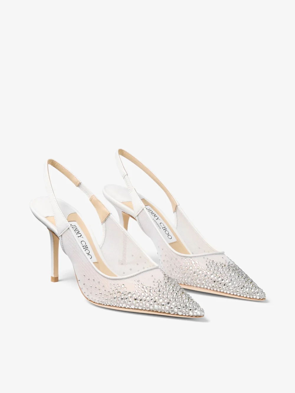Close-up detail of the Jimmy Choo Love Sling Back 85 White Mesh Slingbacks with Dégradé Galaxy Crystals