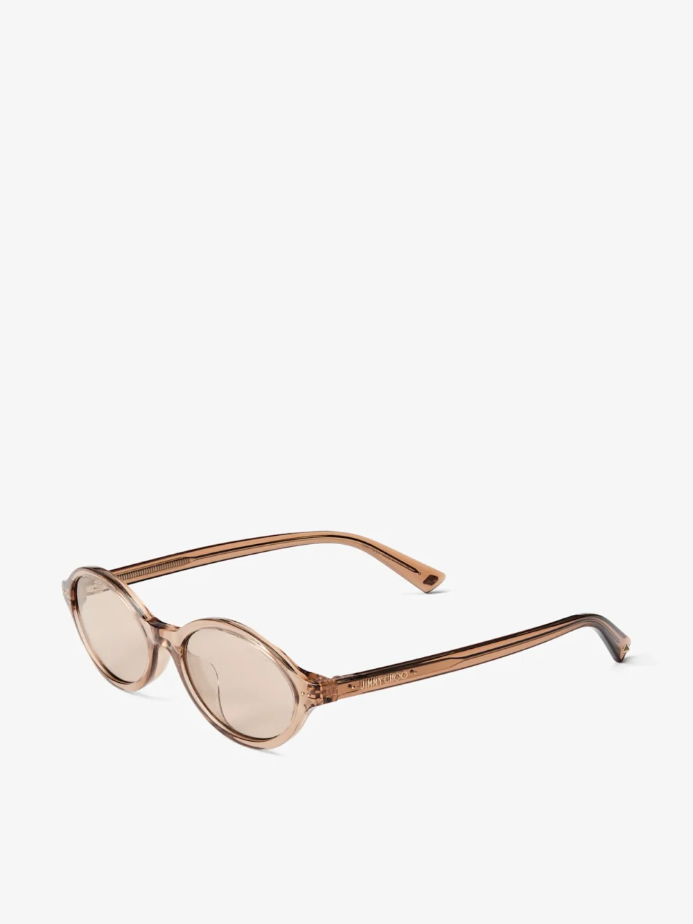 Side view of the Jimmy Choo Marais Transparent Tan and Light Brown Oval Acetate Sunglasses